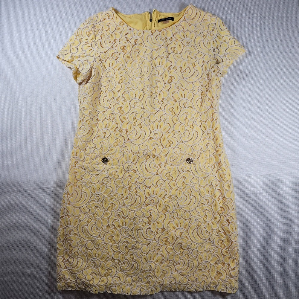 Tommy Hilfiger Yellow White Floral Lace Shift Dress Size 14